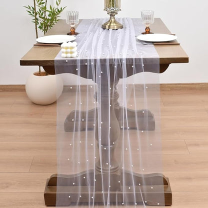 Joanlody Fall Pearl Table Runner 10ft Rustic Boho Tulle Table Runner with Pearls for Baby Shower Wedding Party Veil Dessert Thanksgiving Table Decor White