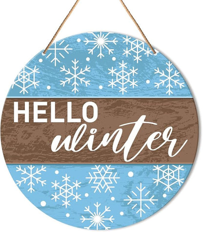 Muktoujaumai Hello Winter Sign Front Door Decor, Christmas Round Hanging Sign Decor Farmhouse Snowflake Xmas Holiday Wall Decorations Winter Wood Sign for Door, Porch, Home