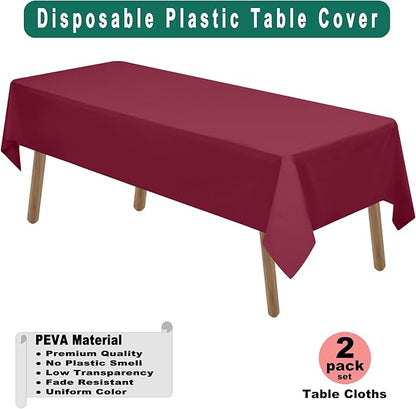 PEVA Burgundy Plastic 2 Pack Tablecloths - 54 x 108 inch Maroon Disposable Table Covers for BBQ, Birthday, Wedding Parties - Fits 8 ft Rectangle Table