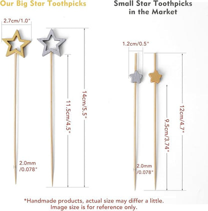 Minisland Big Gold Star Cocktail Picks, 5.5 Inch Long Bamboo Fancy Toothpicks for Appetizers, Decorative Christmas New Year Holiday Party Food Drinks Garnish Fruit Skewer Sticks 50 Counts - MSL430