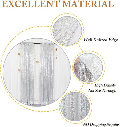 ShinyBeauty Silver Sequin Curtain Backdrop 2 Panels 4FTx8FT Photo Curtain Backdrop Curtain Panels 96 Inches Long -190522E