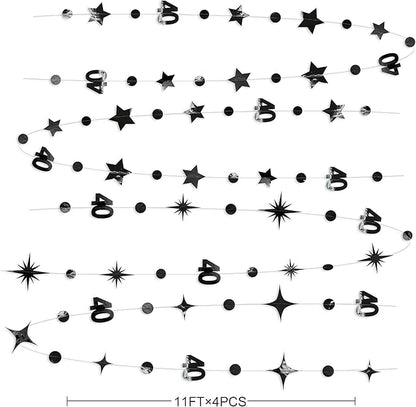 Black 40th Birthday Decorations Number 40 Circle Dot Twinkle Star Garland Metallic Hanging Streamer Bunting Banner Backdrop for Women Mens 40 Year Old Birthday Forty Anniversary Party Supplies
