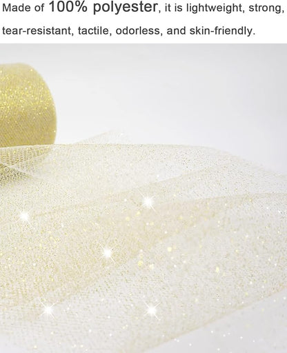 Glitter Gold Tulle Fabric Rolls, 6 Inch 50 Yards (150ft) Sparkling Spool Ribbon Sequin Netting for Tutu Skirt Gift Wrapping Wedding Party Decoration (White/Gold)