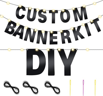 TaoBary 112 Pcs DIY Letter Kit Glitter Customizable Banner Letters Include 107 Letters and Numbers 3 Rope and 2 Needles for Birthday Halloween Christmas Wedding Valentine Party Decor(Bright Black)