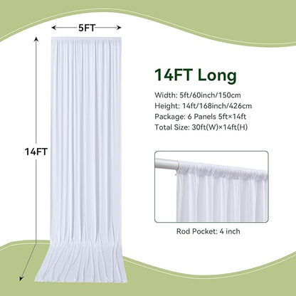 30×14 ft White Wrinkle Free Backdrop Curtain, Soft Silky Polyester Wedding Drapes 6 Panels 14ft Height Photo Backdrop Curtains for Parties Birthday Baby Shower Photography Background Cloth