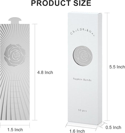 Polymer Material Reusable Napkin Band, Glue-Free Tear-Proof Water Resistant Oil-Proof Napkin Bands Set of 50(Front Silver Rose and Back Silver Color), 6 Adjustable Sizes Napkin Rings