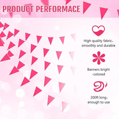 Tatuo 200 Feet Solid Pennant Banners Flags String Triangle Hanging DIY Bunting Flags Party Decorations for Grand Opening Party Banners for Kids Birthday, Shops (Pink)