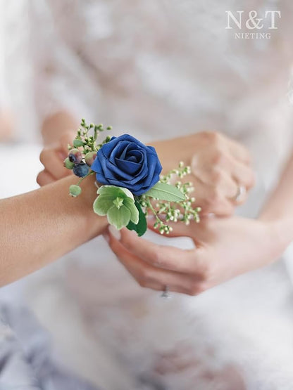 N&T NIETING Artificial Flowers Roses 25Pcs Fake Flowers Foam Roses with Stems for Halloween DIY Wedding Bridesmaid Bridal Bouquets Centerpieces Party Home Decoration Baby Shower, Navy Blue
