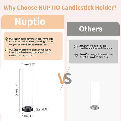 NUPTIO Hurricane Glass Candle Holders: 2 Pcs Black Candlestick Tapers Holder with 11.81 inch Tall Clear Cylinder Cover Metal Candle Sticks Stand for Wedding Christmas Thanksgiving Halloween Decor