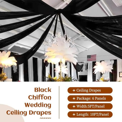 6 Panels Black Ceiling Drapes 5ftx10ft Wedding Chiffon Fabric Arch Draping Sheer Curtains Soft Drapery for Party Ceremony Stage Swag Decorations