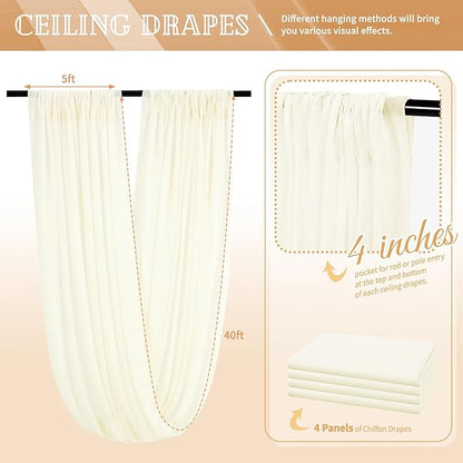 4 Panels Ivory Ceiling Drapes for Wedding 5ftx40ft Sheer Drapery Chiffon Fabric Arch Draping Curtains for Party Ceremony Birthday Baby Shower Reception Stage Ceiling Decorations