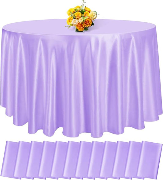 fani 12 Pack 108 Inch Lavender Satin Tablecloth - Silky Round Tablecloth Overlay Smooth Fabric Table Cover, Bright Table Decoration for Wedding Party Banquet Events Restaurant Kitchen Dining
