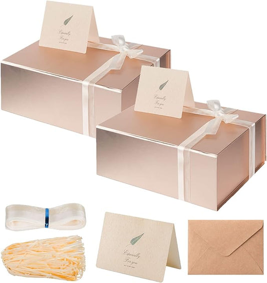 LIFELUM Large Gift Box 2 Pack 13.85 x 8.35 x 4.45 Rose Gold Gift Box with Magnetic Lid Bridesmaid Proposal Gift Boxes for Presents Contains Card, Ribbon, Shredded Paper Filler