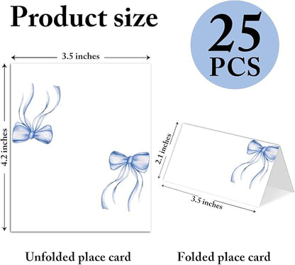 25 Pack Blue Bow Place Cards, Editable Name Cards for Table Setting, Watercolor Tent Cards Food Label for Dinner Party, Bridal Shower, Wedding, Baby Shower and Events -T32