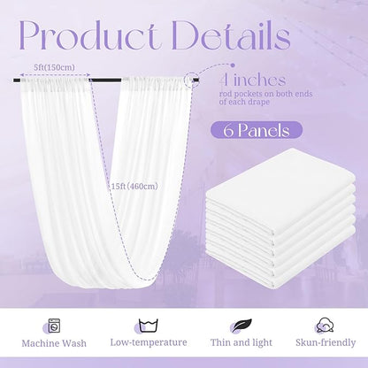 6 Panel White Wedding Drapes, 5ftx15ft Sheer Fabric Curtains for Arch Decorations