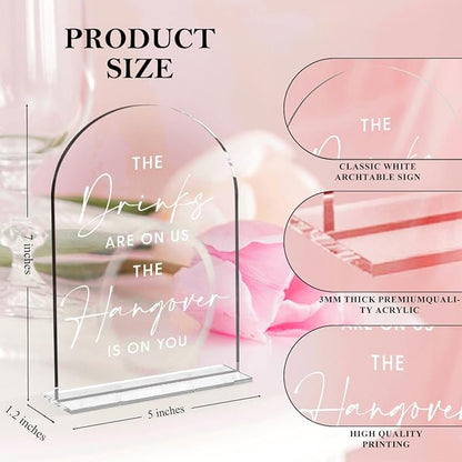 Wedding Signs，The Drinks Are on Us Sign, 5 x 7 Inch Arch Acrylic Wedding Sign, Wedding Sign for Ceremony and Reception, Please Help Yourself Sign,Wedding Reception Decor (White)