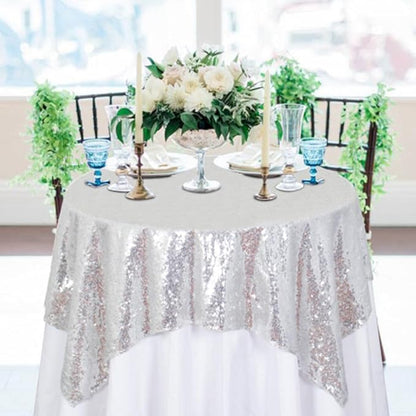 ShinyBeauty Silver Tablecloths 36X36 Inch 2 Pieces Sequin Table Cloth for Party Sparkle Table Cloths Square Small Grey Shimmer TableclothOverlay for Wedding Birthday Cake Tables