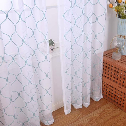Embroidery Sheer Curtains Blue 95 Inches Long, Window Treatments Rod Pocket Drapes for Living room, Bedroom, Wave Diamond Crinkle Voile Curtain Panels for Yard, Villa, Parlor, Set of 2, 52"x 95".