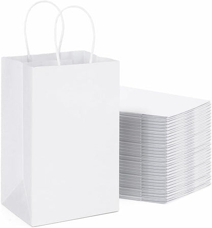 METRONIC Kraft Paper Gift Bags with Handles 5.25x3.75x8 Inch 600 Pcs | Christmas, Birthday Party Favors, Retail Shopping, Small Business Bulk | White Gift Wrap Bag