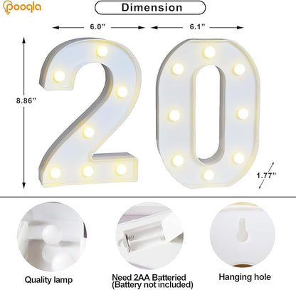 Pooqla 20th Birthday Decoration for Her Him, Decorative LED Light Up Numbers, Marquee Numbers 20 Sign for Party Backdrop 20th Wedding Anniversary Decor, Warm White and Cool White Number 20