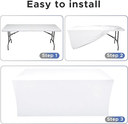 Nasitos White Fitted Table Covers Stretch Spandex - 96 x 30 Inch - 4 Pack Rectangle Table Clothes for 8 Foot Folding Tables, Fabric Tablecloths for Parties, Trade Show, Craft Show, Birthday