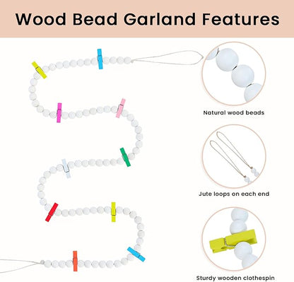 Hanging Photo Display with Clips, Boho Wooden Bead Garland Collage Picture Frame Wall Decor, Photo String with 10 Different Random Colors Wood Clips for Bedroom Room Decor, Christmas Teen Girls Gifts