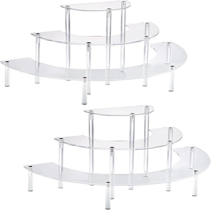 2PACKS Acrylic Display Risers, 3 Tier Clear Cupcake Stand Risers, Perfume Stand Organizer, Half Moon Dessert Stand, HENABLE Shelf Risers for Display Stands for Food, Amiibo Funko POP Figure (2half moon)