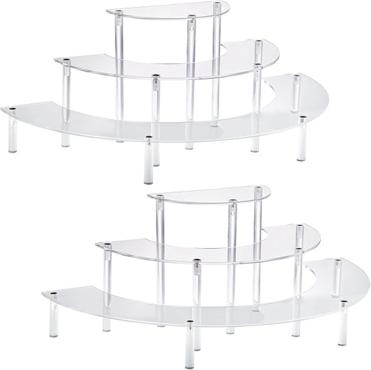 2PACKS Acrylic Display Risers, 3 Tier Clear Cupcake Stand Risers, Perfume Stand Organizer, Half Moon Dessert Stand, HENABLE Shelf Risers for Display Stands for Food, Amiibo Funko POP Figure (2half moon)