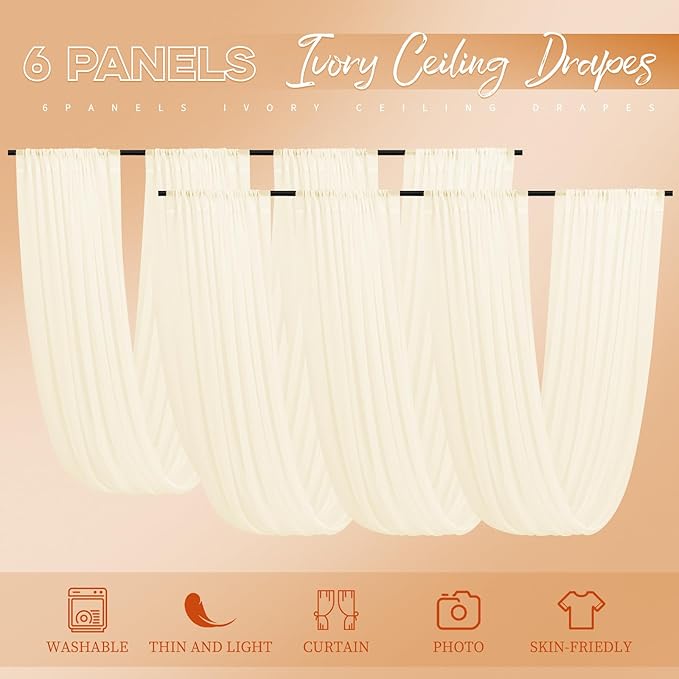 Ivory Ceiling Drapes for Wedding - 5ft x 15ft Sheer Curtain with Romantic Decorations for Party Banquet Ceremony Stage