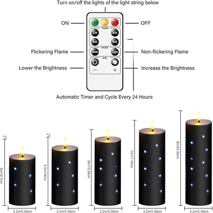 Flickering Flameless Candles,Battery Operated Real Wax LED Pillar Candles with Remote Control and Timer,with Embedded Star String,Set of 9 (Black)