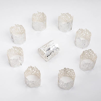 100pcs Disposable Rose Flower Paper Napkin Rings Laser Cut Foil Paper Napkin Holder, Leaf Vine Serviette Rings for Table Decoration,Christmas,Wedding,Party (Silver) (Pack of 2)