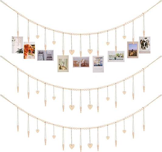 Hanging Photo Display Room Wall Decor, Boho Collage Picture Frame Christmas Cards Holder, Photo Hanger with 9 Wood Clips and 6 Wooden Hearts Tags for Home, Bedroom, Office, Nursery, Dorm Decor (3)
