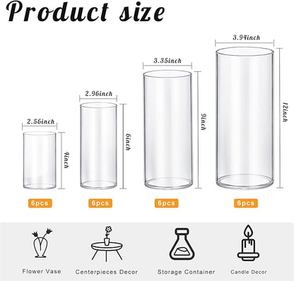 24 Pack Thick Glass Cylinder Vases 4,6,9,12 Inch Tall Clear Flower Vase Hurricane Floating Candle Holder for Table Centerpiece Wedding Home Decor