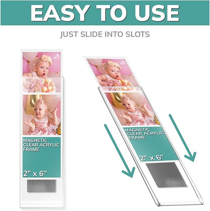 Photo Booth Frames - 2x6 Inch Clear Acrylic Magnetic Picture Frame for Refrigerator, Office Cabinet, Locker, or Dishwasher - 12 Count