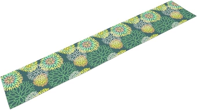 Green Dahlia Flower Table Runner, Linen Geometric Pattern Floral Table Decor Spring Farmhouse Decorations for Kitchen Dining Holiday Party Decor, 13x70 Inch