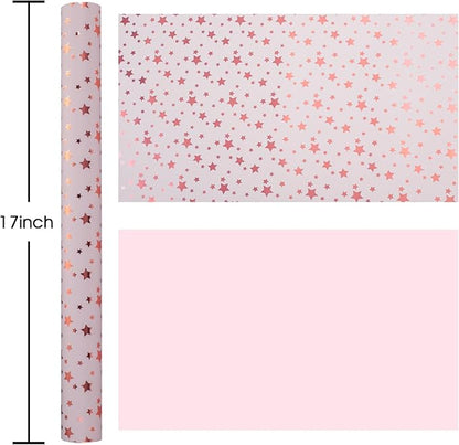 Burymento Gold Foil Five-Pointed Star Wrapping Paper, Reversible Pink Gift Wrap for Birthday, Valentines, Mothers day, Graduation, Wedding, Fathers day, Baby Shower, Christmas (17in x 32.8ft)