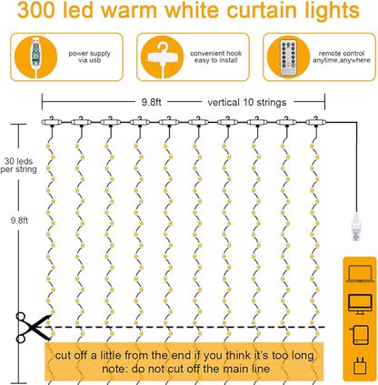 AOMIG Fairy Curtain Lights,300 LED Warm White Window Curtain String Light,8 Modes 9.8×9.8Ft Waterproof Curtain String Light USB Powered with Remote Control,Christmas String Lights for Indoor/Outdoor