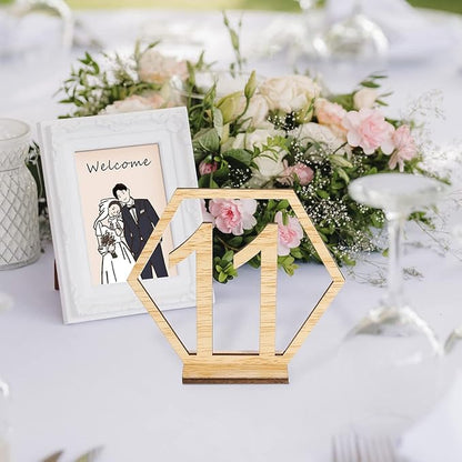 Wooden Table Numbers, Hexagon Shape 1-20 Wedding Table Numbers with Holder Base Rustic Hollow Out Wood Table Numbers Card for Wedding Party Event Catering Decoration (Hexagon)