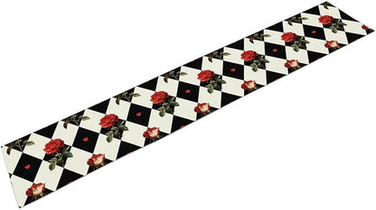 Vintage Rose Table Runner, Red Rose Hearts Black White Checkered Background Table Runner for Kitchen Dinning Table Runner Decor Home Wedding Party Holiday, 13x60 Inch