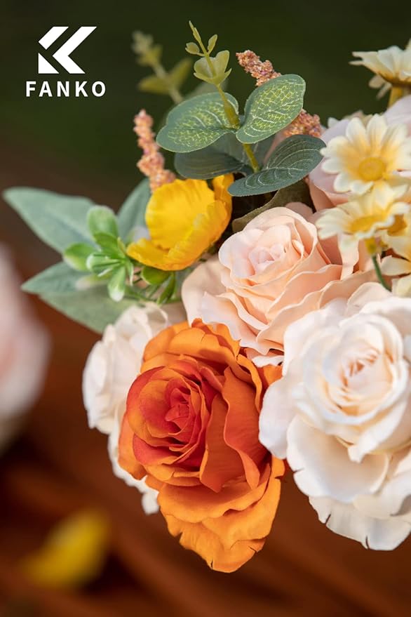 FANKO Rose Artificial Flowers Combo for DIY, Fake Orange Rose Artificial Silk Flowers with Greenery, Real Looking Artificial Faux Flowers for Wedding, Table Decoration, Centerpieces, Party, Home Décor