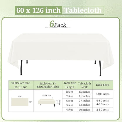 6 Pack Ivory Tablecloths for 8ft Rectangle Tables 60 x 126 Inch - Polyester Table Cover Stain and Wrinkle Resistant Washable Fabric Table Clothes for Wedding Party Banquet Reception Restaurant
