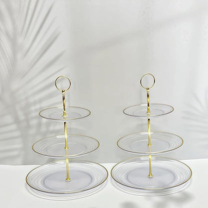 RAUVOLFIA 3 Tier Cupcake Stand, Small Tiered Serving Cake Stand, Transparent Plastic Dessert Stand, Weddings Parties Pastry Serving Tray (2 Pack, Clear Plate with Gold Rim)