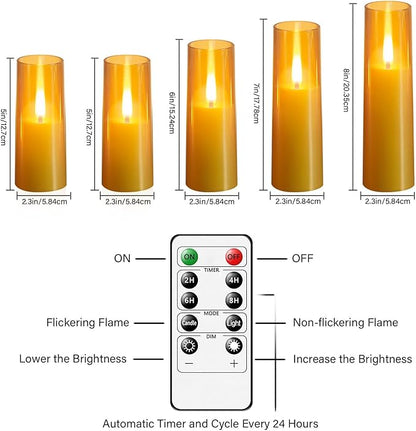 Flameless LED Candles, Upgraded Realistic Flickering Flame Battery Operated Candles with Remote Timer, Acrylic Electric Set of 5 for Romantic Ambiance and Home Decoration (Gold)