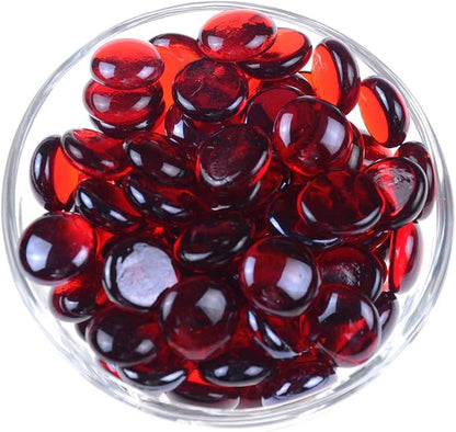 KINGOU Flat Glass Gems/Marbles/Stones/Beads for Vase Filler, Table Scatter, Games - 1 Lbs (17-19mm, Approx. 3/4")-Red