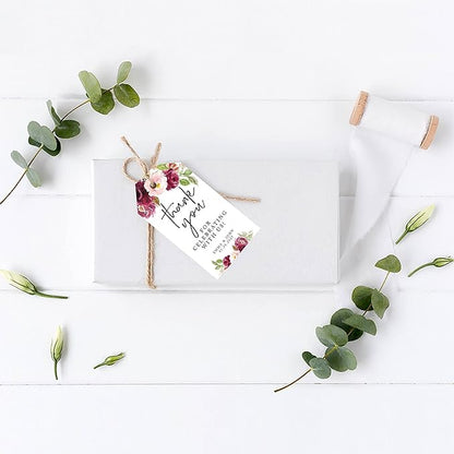 Andaz Press 100-Pack Personalized Thank You for Celebrating with Us Wedding Favor Tags with Bakers Twine Fall Burgundy Marsala Custom Thank You Tags Wedding Gift Tags for Party Favors 2 X 3.75-Inches