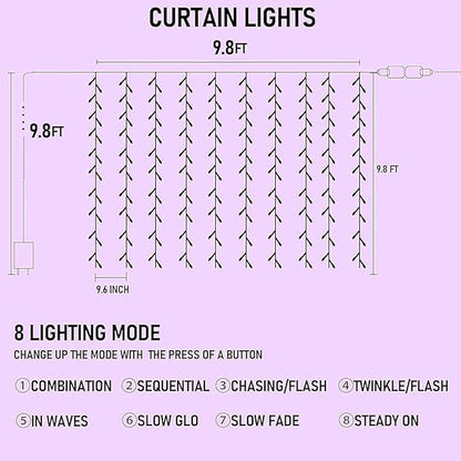 Dazzle Bright 300 LED Curtain String Lights, Halloween Fairy Lights for Bedroom with 8 Lighting Modes, Connectable Waterproof Window Light Party Wedding Garden Wall Decor, Purple