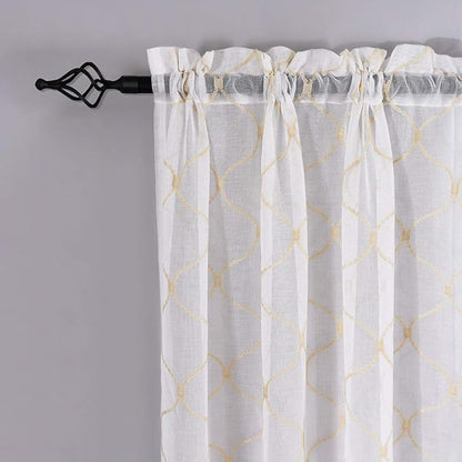 Sheer Curtains Gold 45 Inches, Embroidered Wave Diamond Rod Pocket Voile Drapes for Living room, Bedroom, Window Treatments Semi Curtain Panels for Yard, Patio, Villa, Parlor, Set of 2, 52"x 45".
