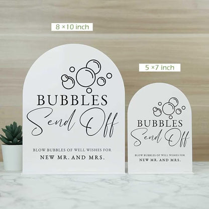 White Arch Acrylic Wedding Sign- 8"x10" Bubbles Send Off Sign and Base,1/8" Thick | Modern Calligraphy Arched Acrylic Signs for Wedding & Party