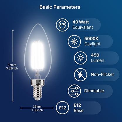 FLSNT 576 Pack B11 E12 LED Candelabra Bulbs, 40W Equivalent Dimmable Chandelier Light Bulbs, 5000K Daylight, 82 CRI, UL & CA65 Listed, Energy Saving Candle Bulbs for Wholesale and Commercial Projects