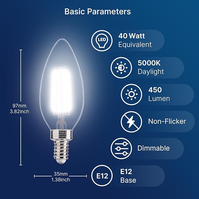 FLSNT 48 Pack Dimmable LED Candelabra Bulbs, 40W Equivalent LED Chandelier Light Bulbs, E12 Base, 5000K Daylight UL,CA65 Listed.